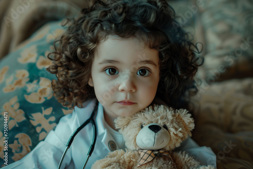 Cute curly little girl with stethoscope and toy bear playing at home