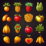 Assorted colorful fruits and berries set against a dark background