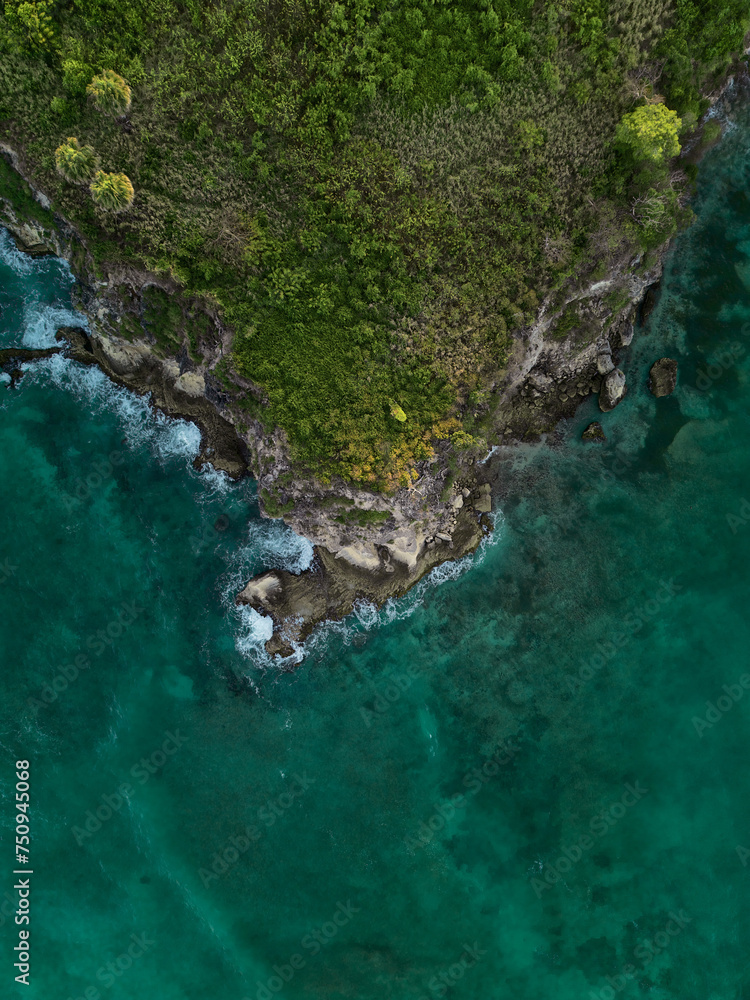 Aerial. Dark turquoise water with white foamy waves and green rocky shore