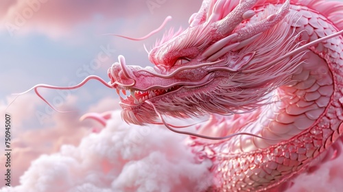 Chinese pink dragon mottled with clouds against the sky photo