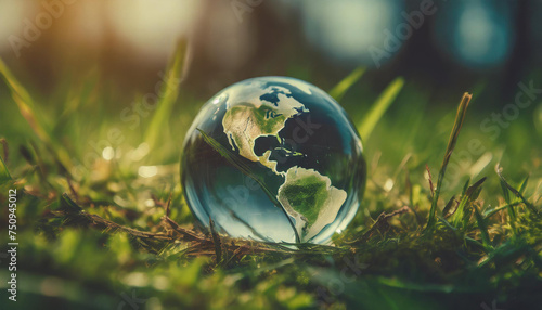 World earth globe laying on grass field. International Earth day. Concept of global warming © happyjack29