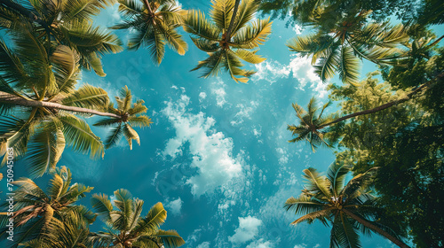 An image of two nice palm trees with blue sky, beautiful tropical background. photo
