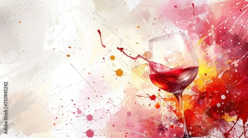 a painting of a glass of wine with red and yellow splatters on a white background with a splash of paint.