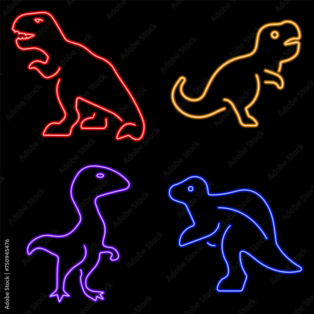 Obraz premium dinosaur group of neon icons, vector illustration on black background.