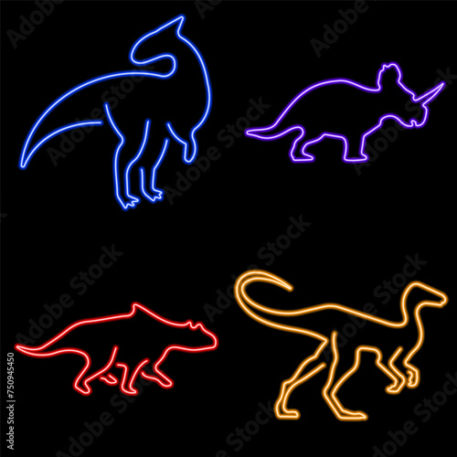 dinosaur group of neon icons, vector illustration on black background.