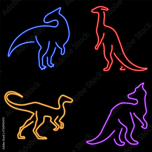 dinosaur group of neon icons, vector illustration on black background.