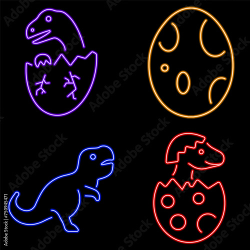 dinosaur group of neon icons, vector illustration on black background.
