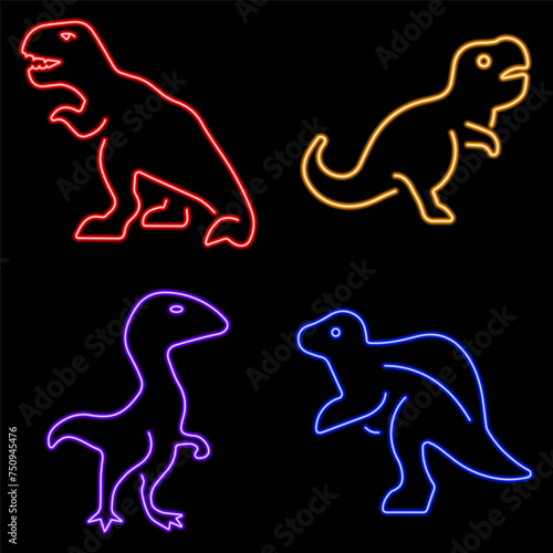dinosaur group of neon icons, vector illustration on black background.