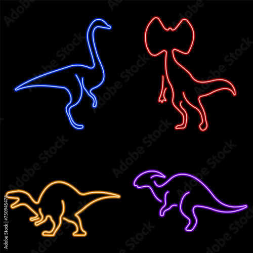 dinosaur group of neon icons, vector illustration on black background.