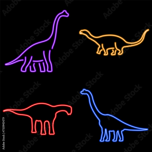 diplodocus group neon icons, vector illustration on black background.