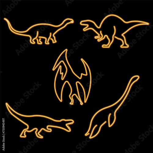 dinosaur group of neon icons, vector illustration on black background.