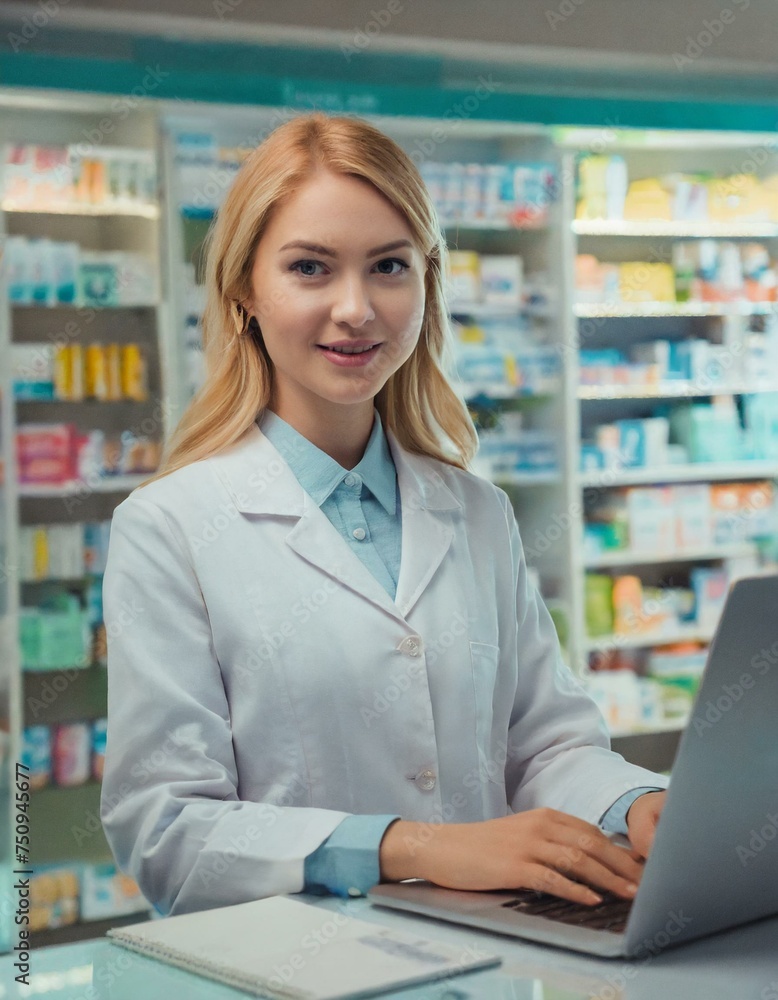 Smiling young female pharmacist using computer at pharmacy counter Smiling young female pharmacist using computer at pharmacy counter