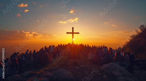 A spiritual scene with sunrise, featuring a silhouette of a cross against the sky, symbolizing faith and belief