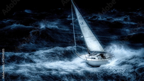 a sailboat in the middle of a large body of water with a lot of waves in the foreground. photo