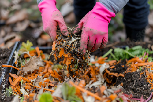 Recycling of organic waste. Close up of female hands in rubber gloves throwing weeds and vegetable peelings, leftover food into compost pile in backyard. Compost used as fertilizer for plant growth