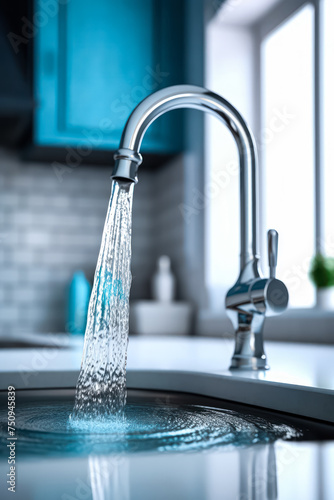 Close up shot of a kitchen water tap with water droplets dripping, showcasing functionality and modern design for household use.