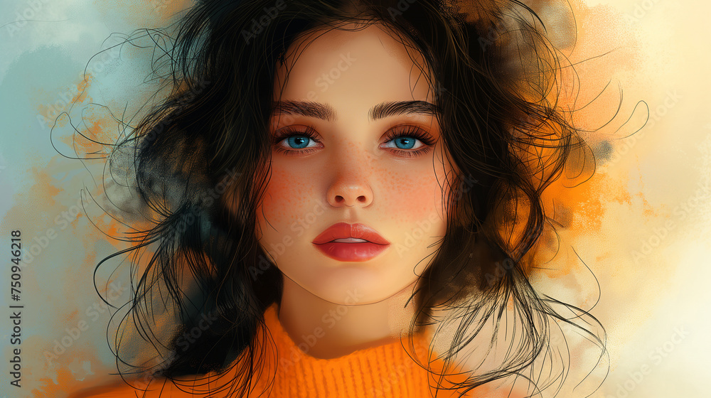 Painted illustration of beautiful young woman with dark hair and blue eyes on colourful background. Selective focus. Copy space. Woman beauty concept.