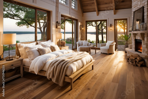 Bedroom with view of lake