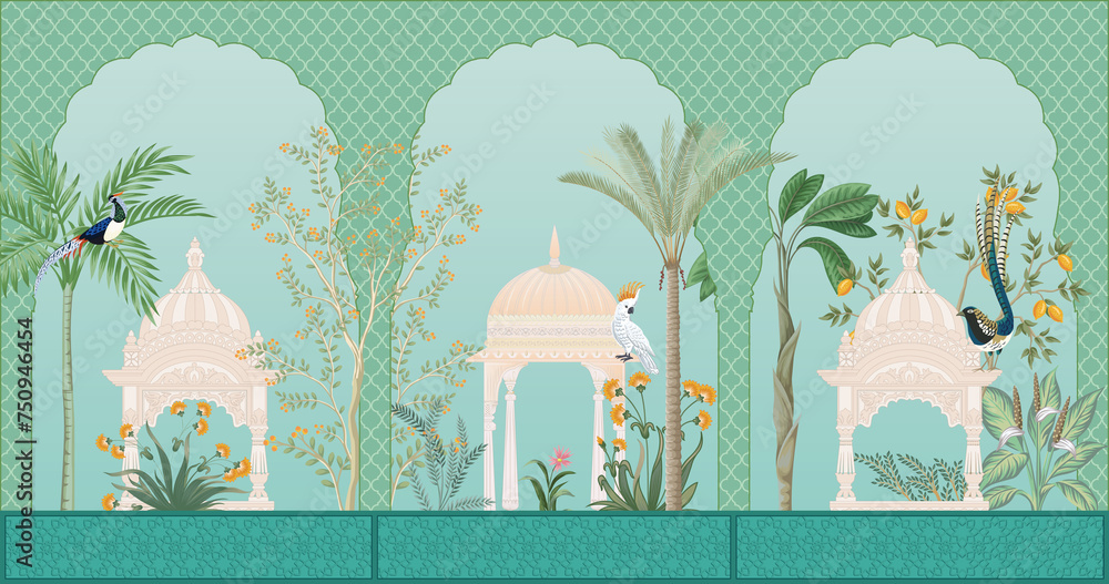 Mughal garden arch, plant, peacock illustration for wallpaper. Traditional garden wallpaper design vector illustration.