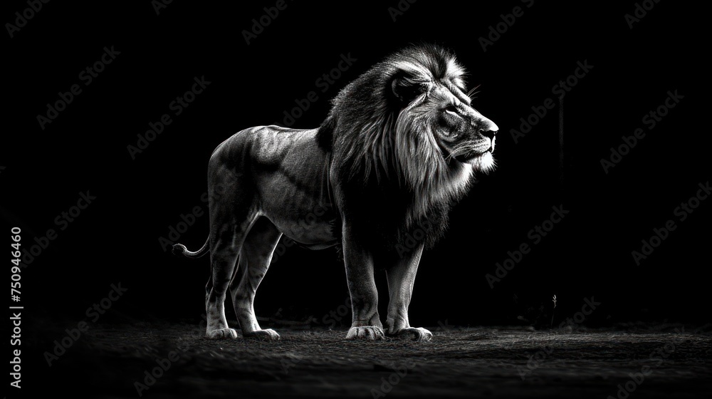 Fototapeta premium a black and white photo of a lion standing in the dark with it's head turned to the side.