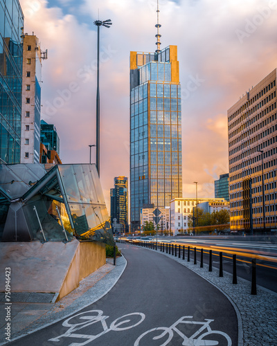 Warsaw, Poland - a view of a skyscraper in the business part of the city. Office buildings in the Center of Warsaw. Sunset in the city	
