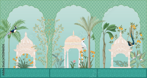 Mughal garden arch, plant, peacock illustration for wallpaper. Traditional garden wallpaper design vector illustration. photo