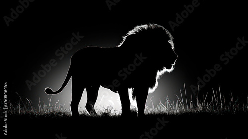 a black and white photo of a lion standing in the grass with the light shining on it's face.