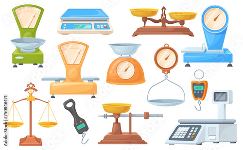 Retail scales. Digital scale and mechanical weighed, seesaw balance food weighing for laboratory store mechanism vintage libra precision instrument cartoon neat vector illustration