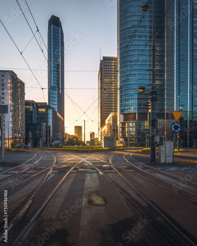 Warsaw, Poland - a view of a skyscraper in the business part of the city. Office buildings in the Center of Warsaw. Sunset in the city 