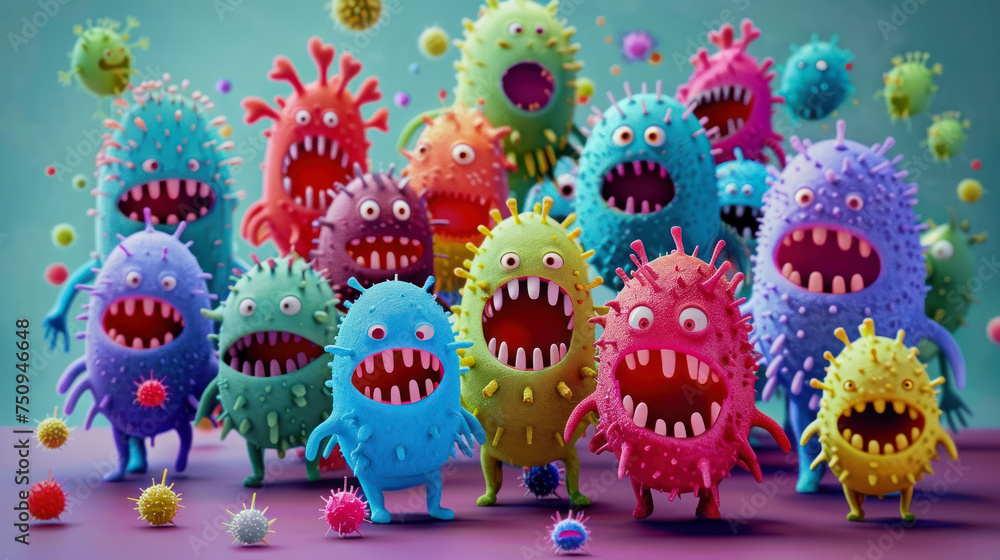 illustration of a funny colorful virus choir with wide open mouth - obrazy, fototapety, plakaty 