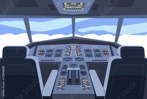 Airplane cockpit interior. Aircraft pilot cabin inside views, aeroplane jet flight deck captain chair, dashboard radar computer system control steering joystick vector illustration