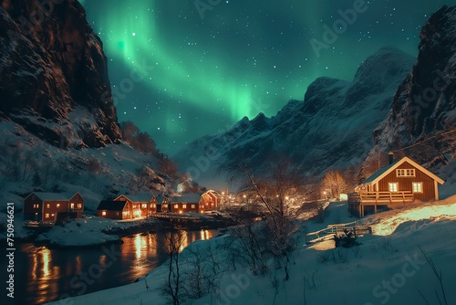 A cabin nestled in the mountains under the glowing aurora lights in the sky. photo