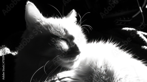 a black and white photo of a cat with its eyes closed and it's head turned to the side. photo