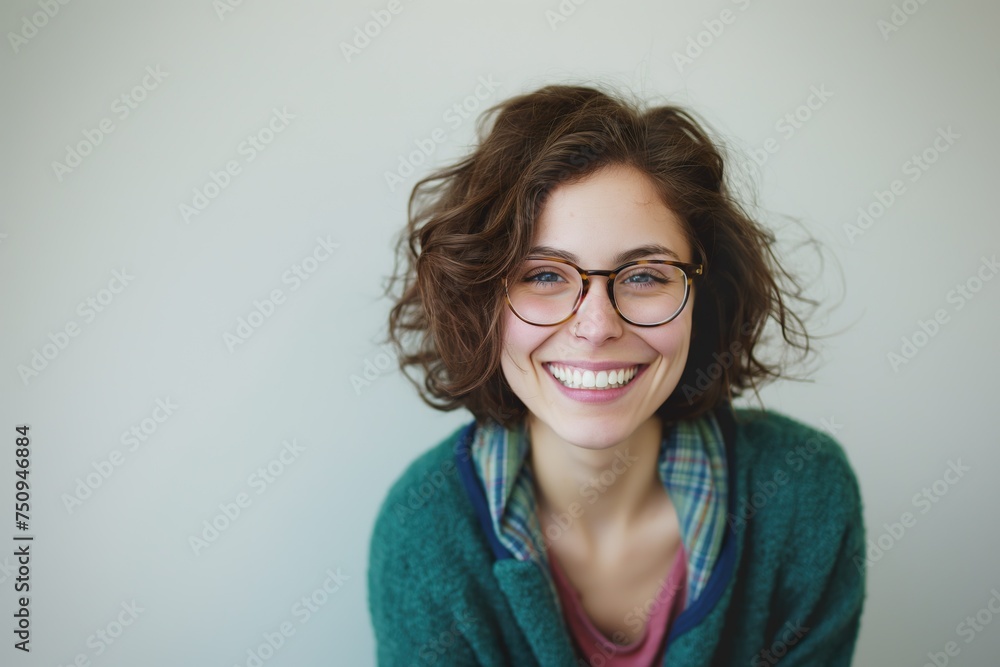 A comedy writer woman smiles brightly, wearing glasses and a green sweater.