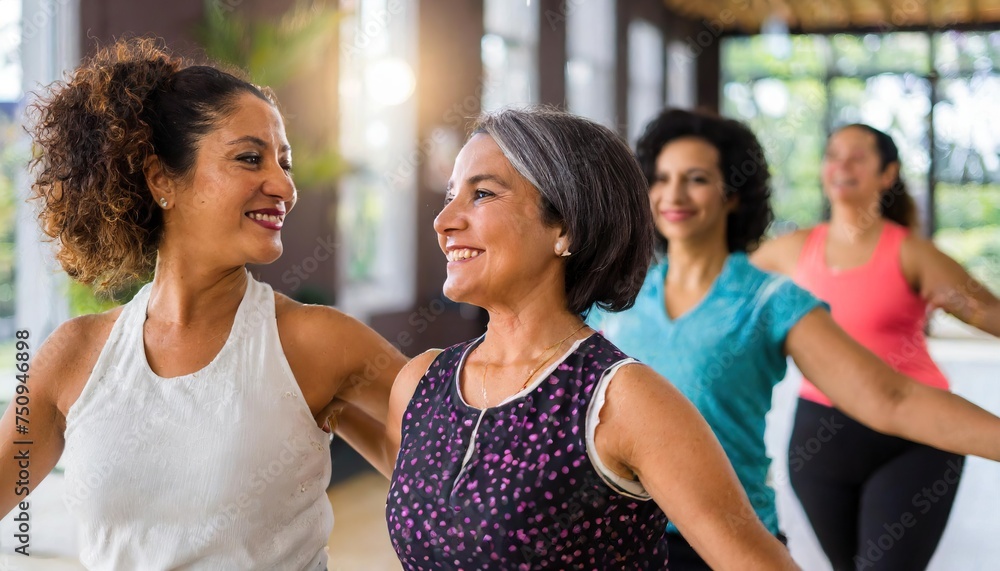 Fototapeta premium Middle-aged women enjoying a joyful dance class, candidly expressing their active lifestyle through Zumba with friends