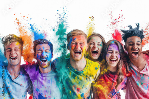Young faces of man and woman white background happily throwing colorful powder paint. Colors rainbow, celebration festive atmosphere marathon . Youth , sport, creativeness, positive. Layout copy space