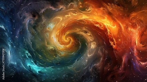 an image of a colorful swirl in the middle of a space filled with stars and a black hole in the center of the image.
