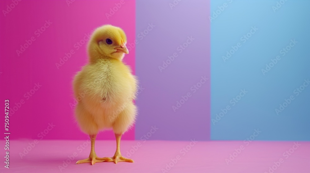 a small yellow chicken standing in front of a pink and blue background with a pink and blue rectangle behind it.