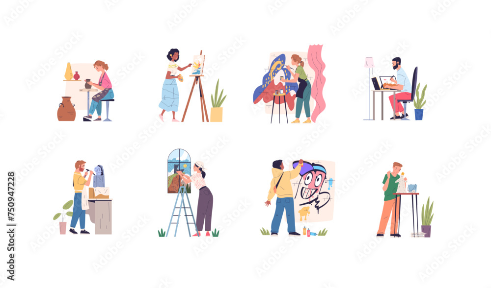 Painters hobby occupation. Artist creating mural or sculpture, painter with paintbrush painting drawing at easel, creative handicraft artistic characters classy vector illustration