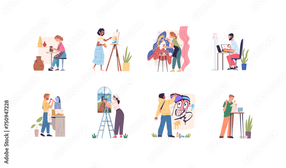 Painters hobby occupation. Artist creating mural or sculpture, painter with paintbrush painting drawing at easel, creative handicraft artistic characters classy vector illustration Painters hobby occupation. Artist creating mural or sculpture, painter with paintbrush painting drawing at easel, creative handicraft artistic characters classy vector illustration