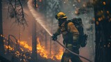 Brave firefighter wielding a hose amidst billowing smoke