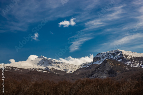 The snow-capped mountains of the Abruzzo Apennines, in Campo Felice, Italy. Below, a beech forest, with bare trees in winter. The white clouds on the rocky mountain peaks.