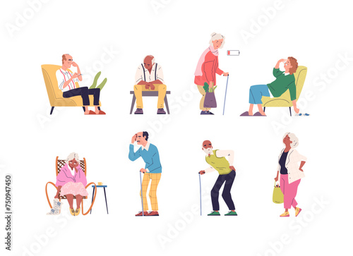 Tired senior people. Sad seniors patient lacking energy, weak elderly sitting person resting, sick elders feeling fatigue, senility old man loneliness classy vector illustration
