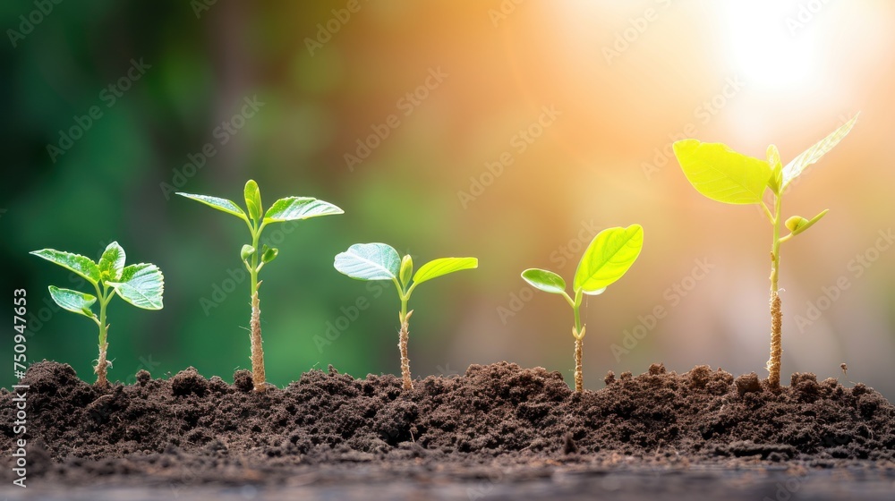 a group of young plants sprouting out of the ground on a sunny day with the sun shining in the background. a group of young plants sprouting out of the ground on a sunny day with the sun shining in the background.
