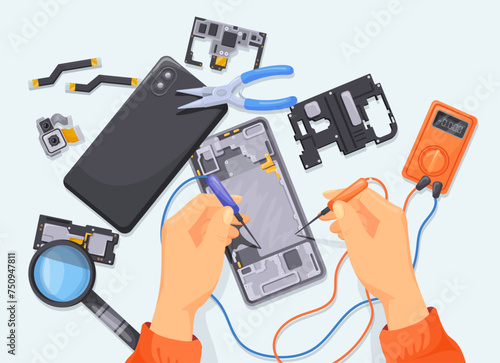 Hands repairing phone. Smartphone maintenance mobile center, cell phones fix laboratory engineer fixing broken cellphone on desk electronic device service, neat vector illustration