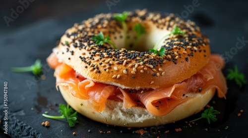 a bagel sandwich with salmon, cheese, and sprinkles on top of a black slate board. photo