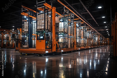 A warehouse with a lot of pallets and a forklift