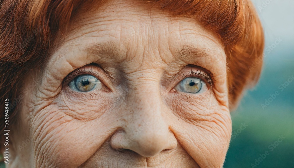 Old senior woman eyes, closeup detail to her face, both iris visible, wrinkled skin near Old senior woman eyes, closeup detail to her face, both iris visible, wrinkled skin near
