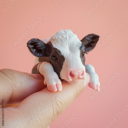 Cute minimal animal concept on pastel background. A miniature cub in a human hand on a fingertip. Cute irresistible baby cow, tiny calf.