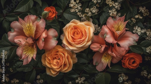 a close up of a bunch of flowers with leaves and flowers in the middle of the frame and a bunch of flowers in the middle of the frame.